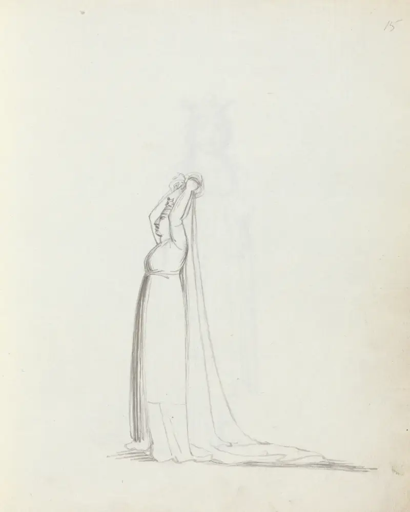 Mrs. Siddons full length profile standing with arms over her head holding a veil av John Flaxman