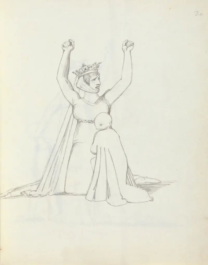 Mrs. Siddons knäböjande med armarna lyfta över huvudet, händerna knutna av John Flaxman