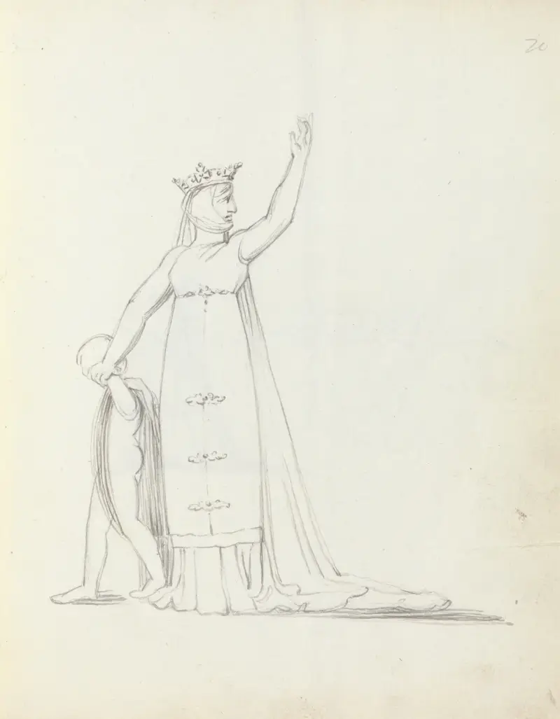 Mrs. Siddons leder ett barn vid handen med vänster arm lyft av John Flaxman