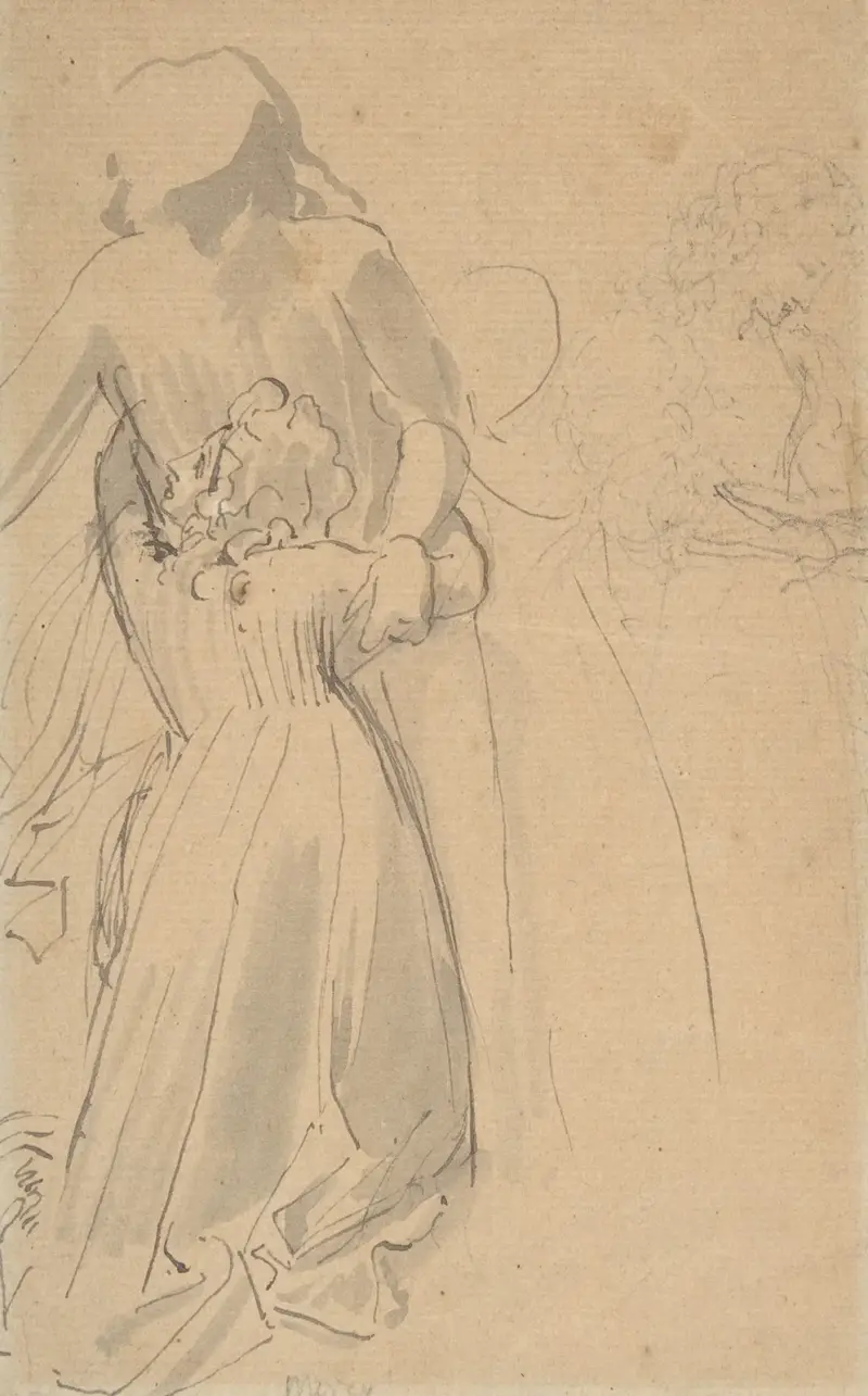 Studieblad med knäande kvinnlig figur som omfamnar stående figur av John Flaxman