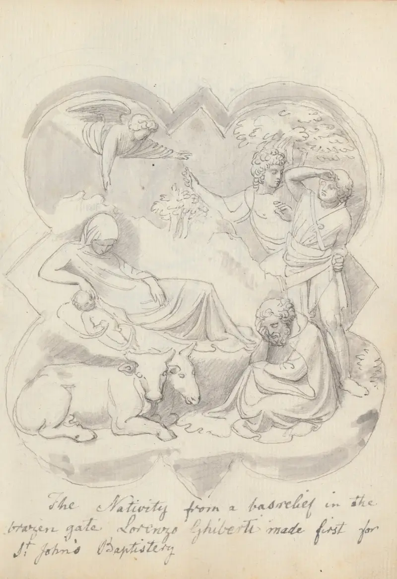 Jesu födelse, från Lorenzo Ghibertis dopfuntdörrar, Florens av John Flaxman