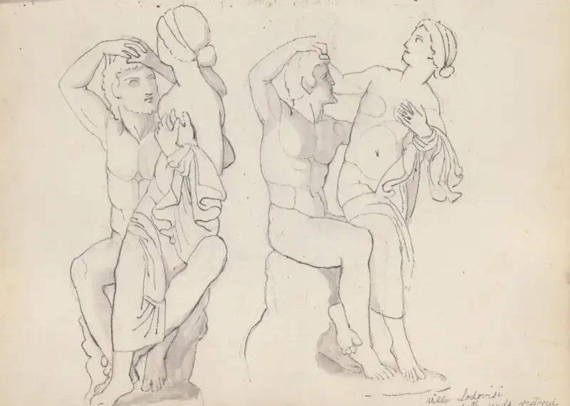 Zwei Studien des sitzenden Satyrs und der Nymphe, Villa Ludovisi, Rom von John Flaxman