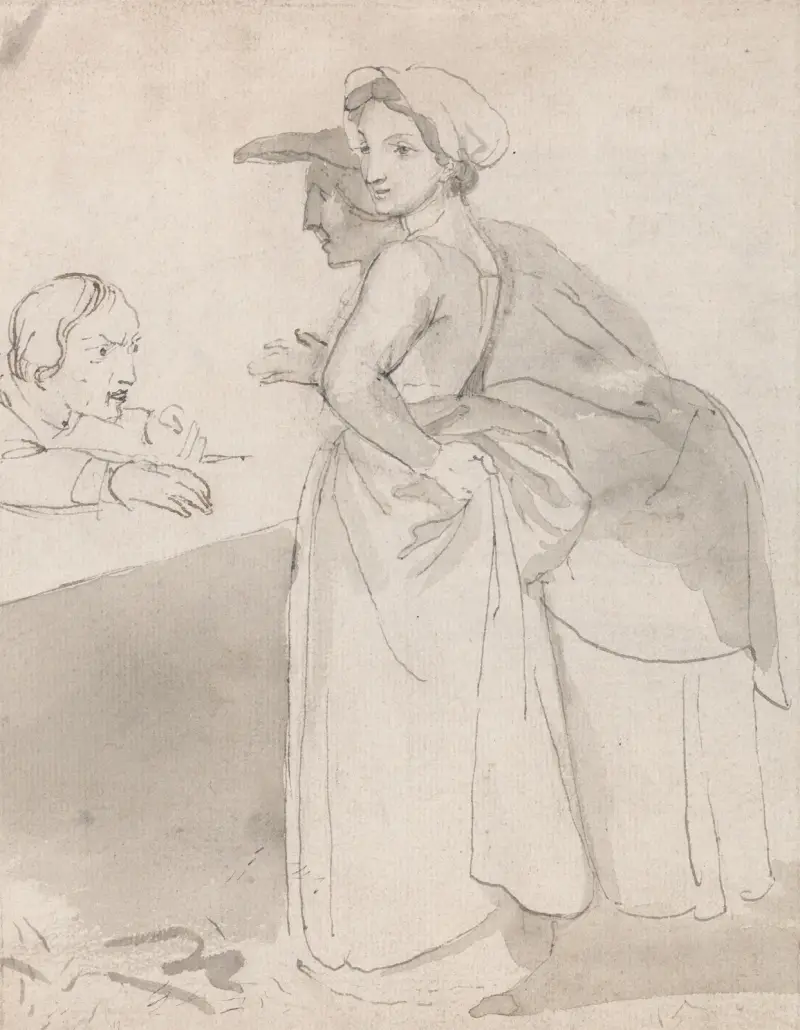Två kvinnor samtalar med en man vid en disk av John Flaxman