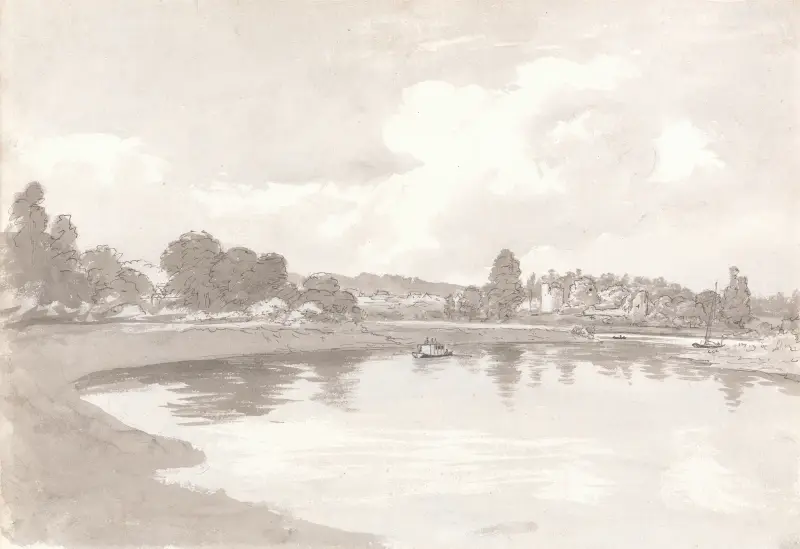 On the River Wye with Wilton Castle Ruins on a Bend in the River av John Glover