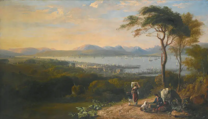 Blick auf Port Glasgow und Greenock am Firth of Clyde, dahinter die Argyll-Hügel von John Glover
