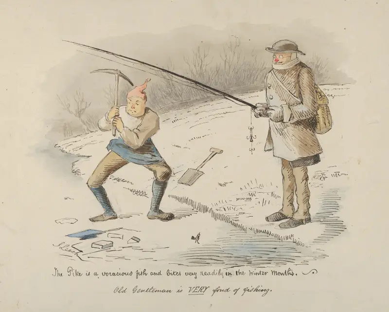 The Pike is a voracious fish and bites readily in the Winter months–Old Gentleman is VERY fond of fishing av John Leech