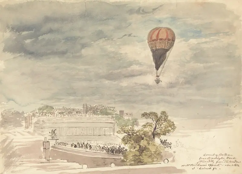 Ascent of Balloon from Burlington House, Piccadilly, from the Window at Mr. B. Palmer’s av John Linnell