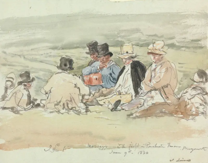 Mowers in the Field in Porchester Terrace, Bayswater, June 9, 1830 av John Linnell