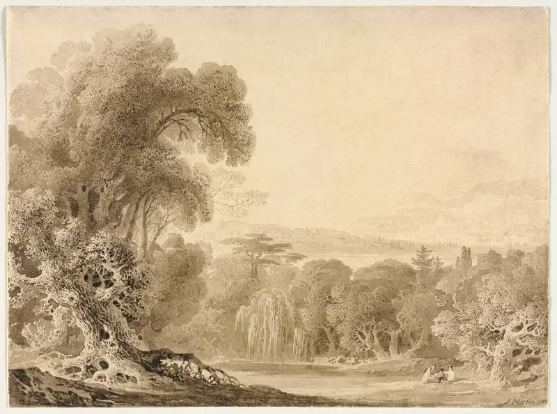 Figuren an einem See in einer Waldlandschaft von John Martin