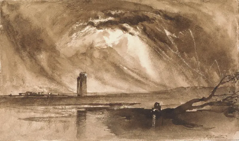 Landskap med torn och annalkande oväder av John Martin