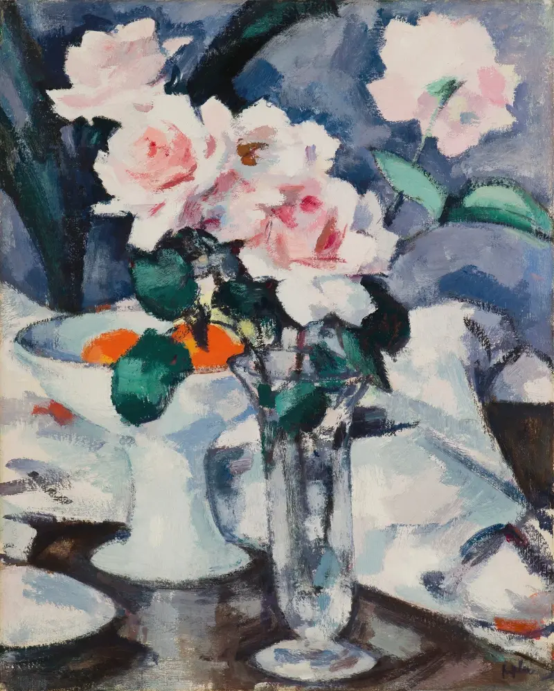 Pink Roses in a Glass Vase – nr 1 av Samuel John Peploe