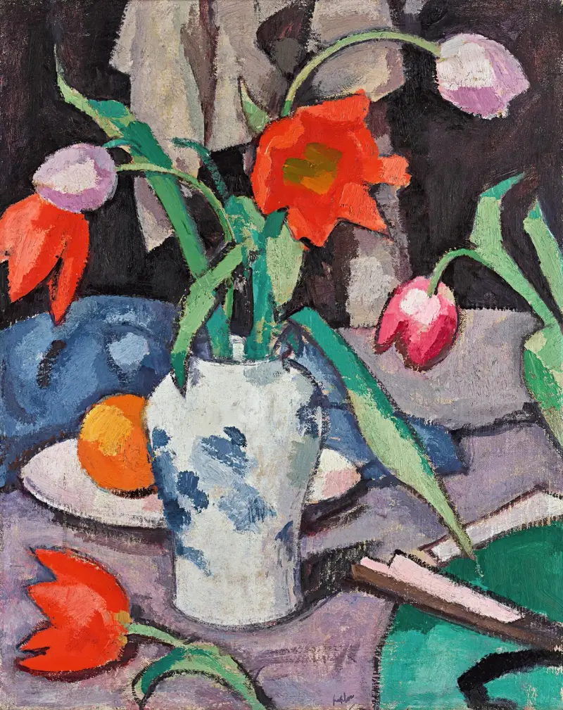 Still Life With Tulips And Fan av Samuel John Peploe