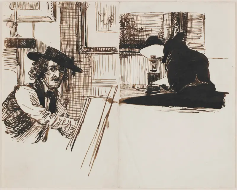 Whistler tecknar Poynter; ryggvy av en man sittande vid ett bord nära en tänd lampa av Edward John Poynter