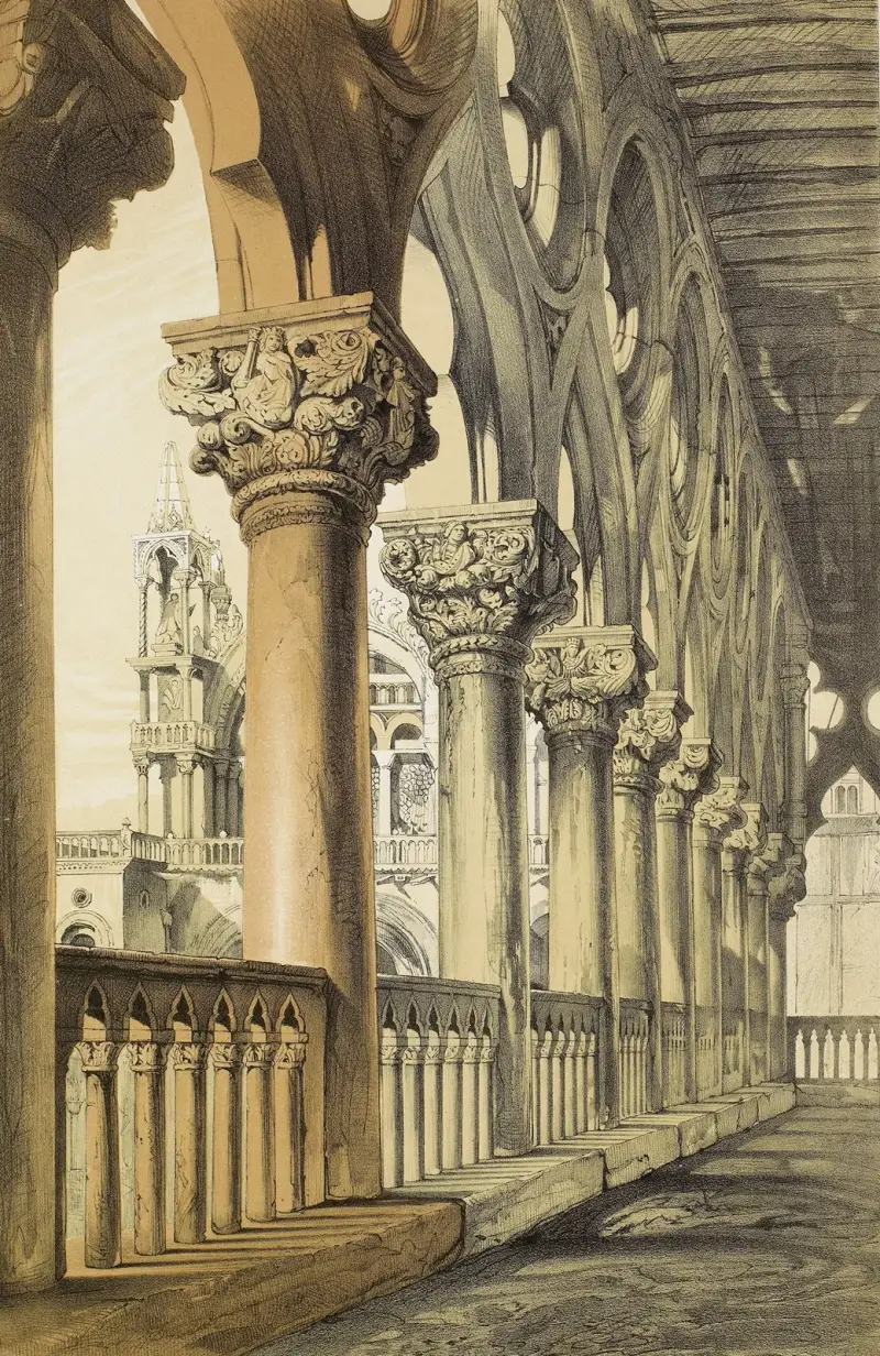 Exempel på venetiansk arkitektur – Dogepalatset, renässanskapitäl i loggian av John Ruskin