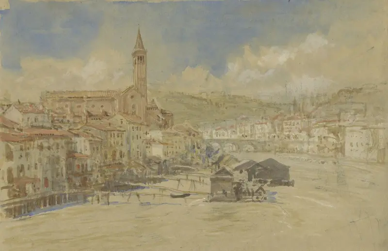 Gezicht op S. Anastasia te Verona, over de Adige av John Ruskin