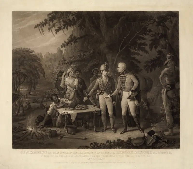 Gen. Marion in his swamp encampment inviting a British officer to dinner av John Sartain