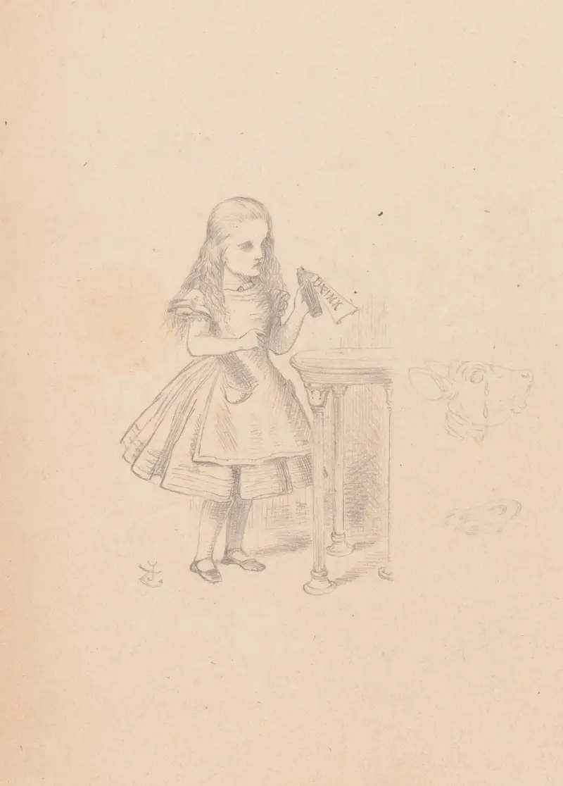 Drawing of Alice finds a bottle labelled ‘Drink Me’ av Sir John Tenniel