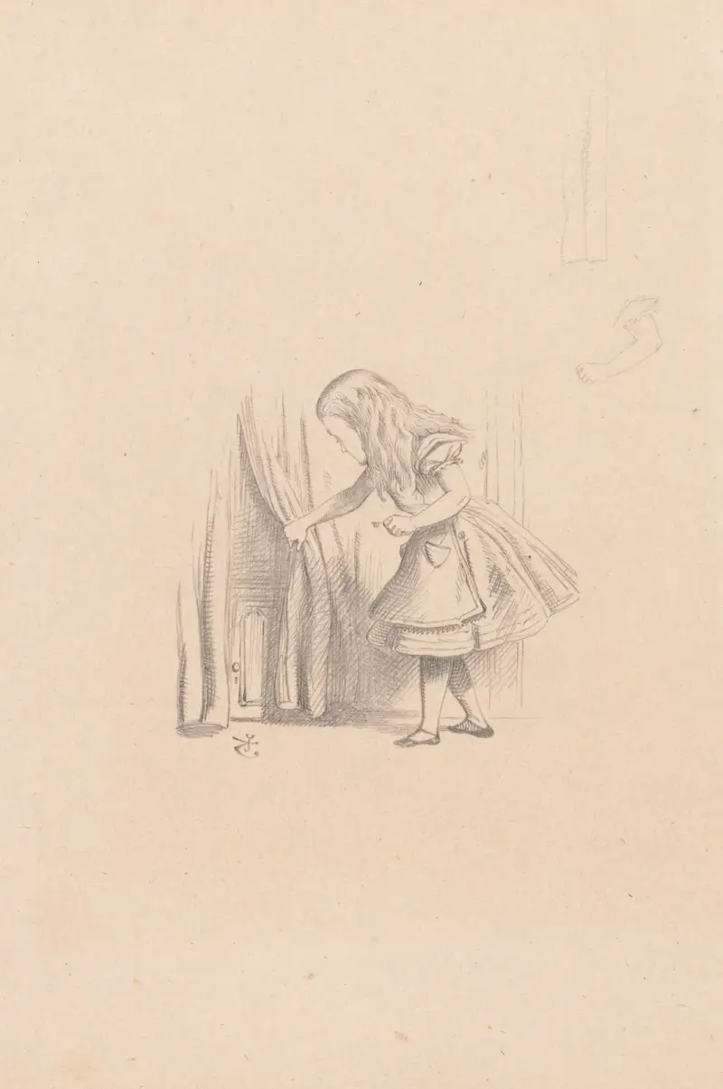 Drawing of Alice looking for the door av Sir John Tenniel