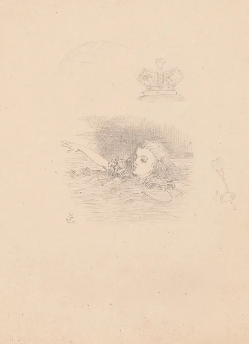 Drawing of Alice swimming av Sir John Tenniel