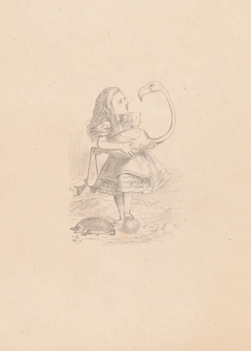 Drawing of Alice trying to play croquet with flamingo and hedgehog av Sir John Tenniel