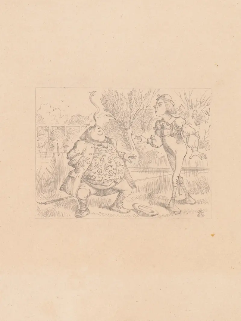Drawing of Father William balancing an eel on the end of his nose av Sir John Tenniel