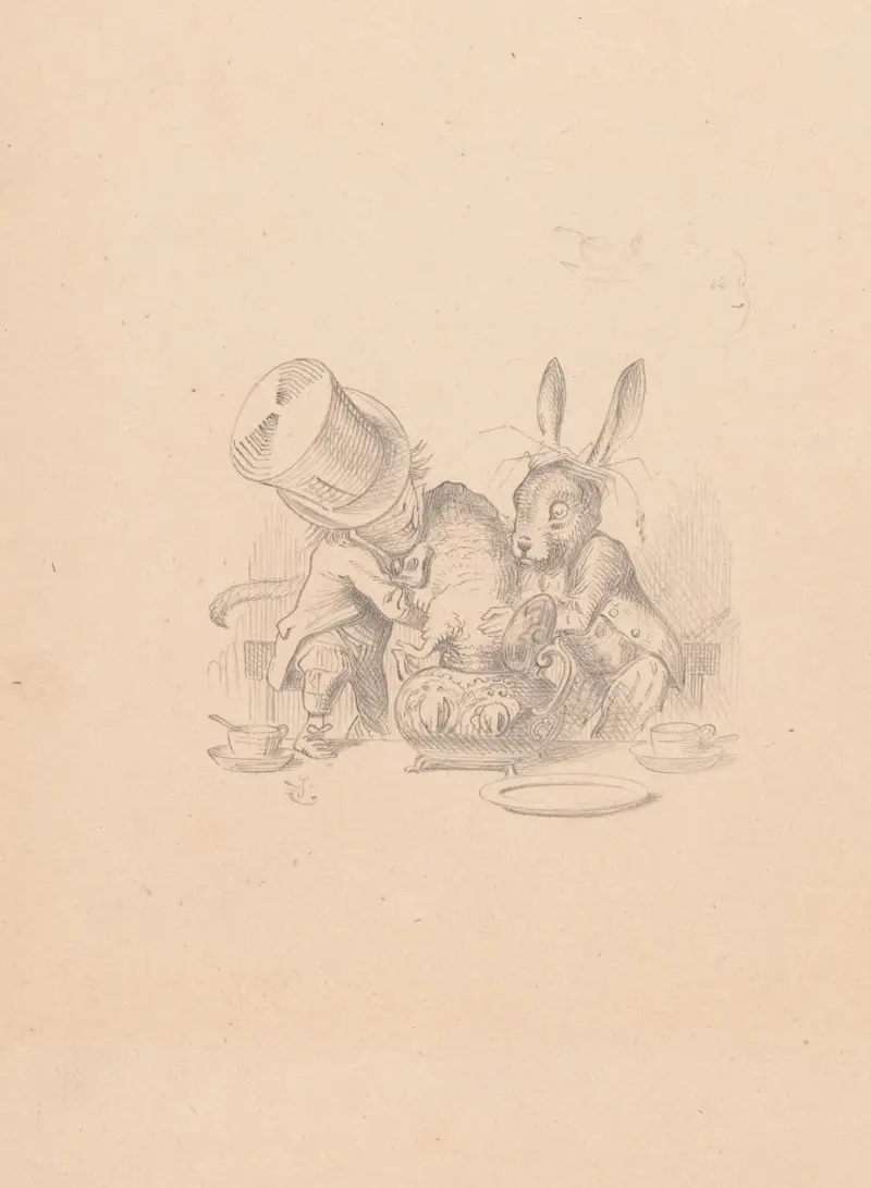 Drawing of Hatter and March Hare putting dormouse in teapot av Sir John Tenniel
