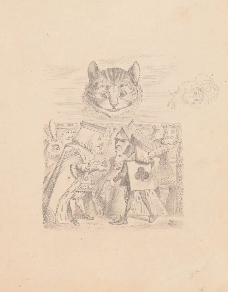 Teckning av Cheshirekatten i skyn med bödeln, kungen och drottningen nedanför av Sir John Tenniel