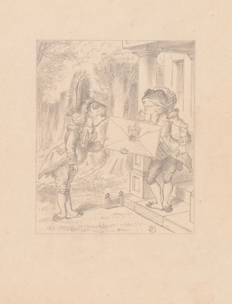 Drawing of the Fish Footman and the Frog Footman av Sir John Tenniel