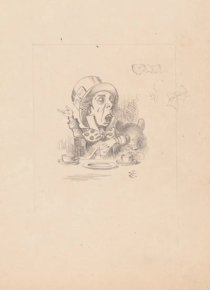 Drawing of the Hatter engaging in rhetoric av Sir John Tenniel