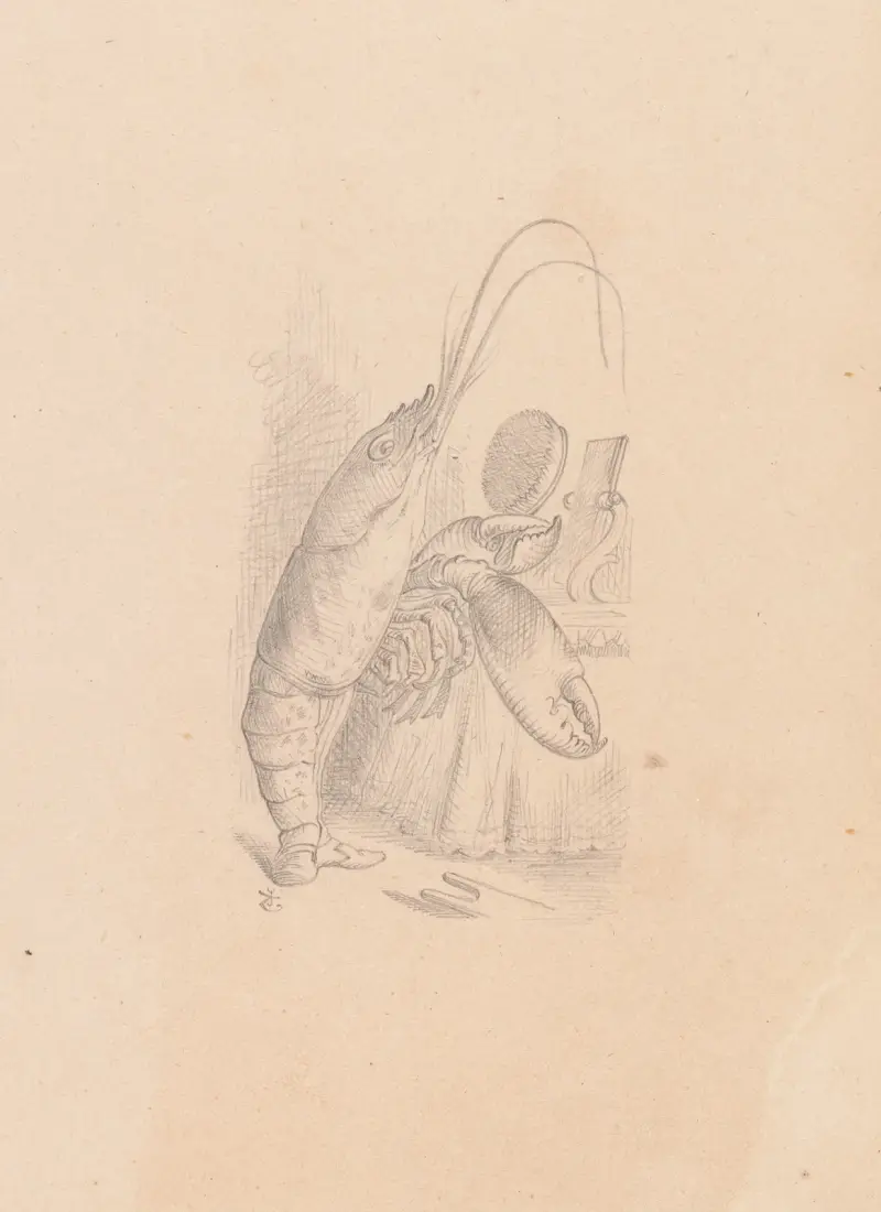 Drawing of the Lobster primping before a mirror av Sir John Tenniel