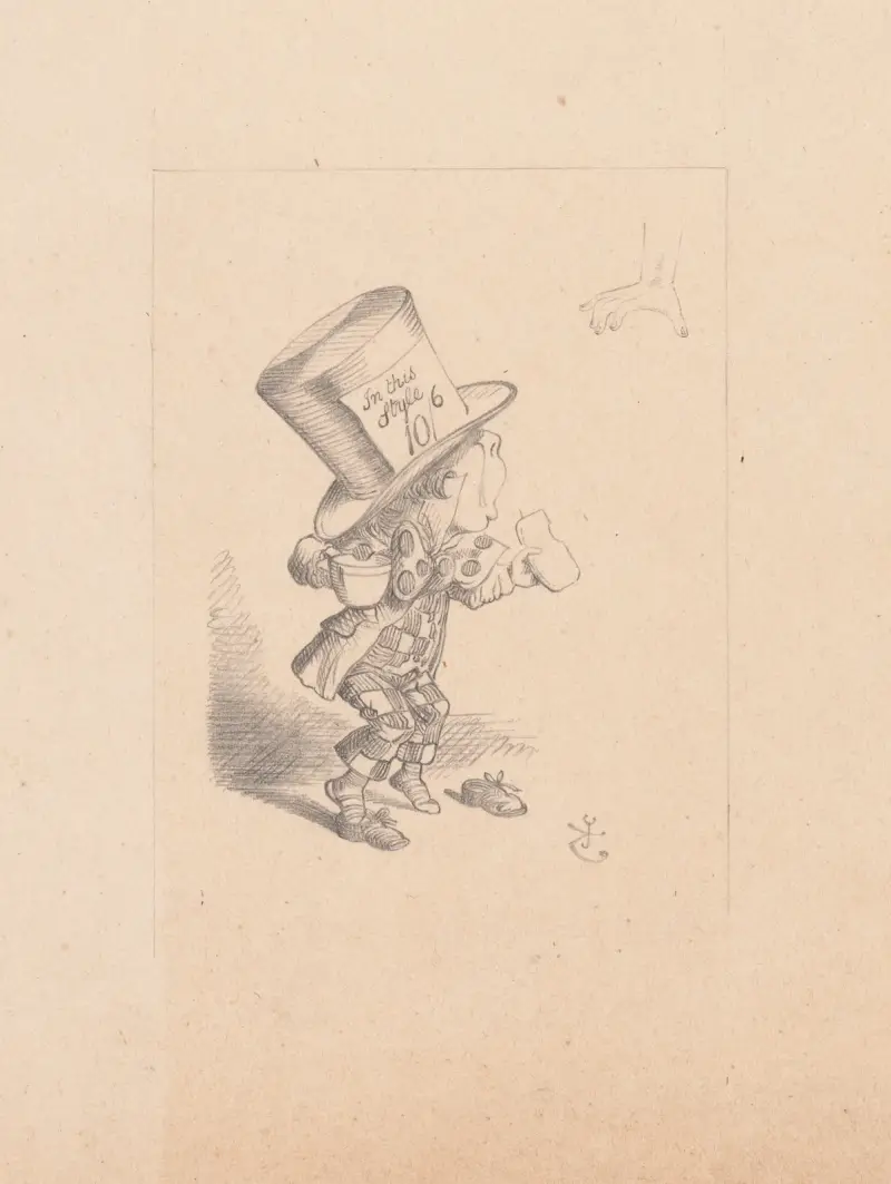 Teckning av den galne Hattmakaren som skyndar in i rätten för att vittna av Sir John Tenniel