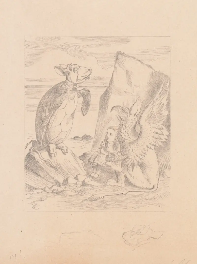 Drawing of the Mock Turtle and Gryphon sing to Alice av Sir John Tenniel