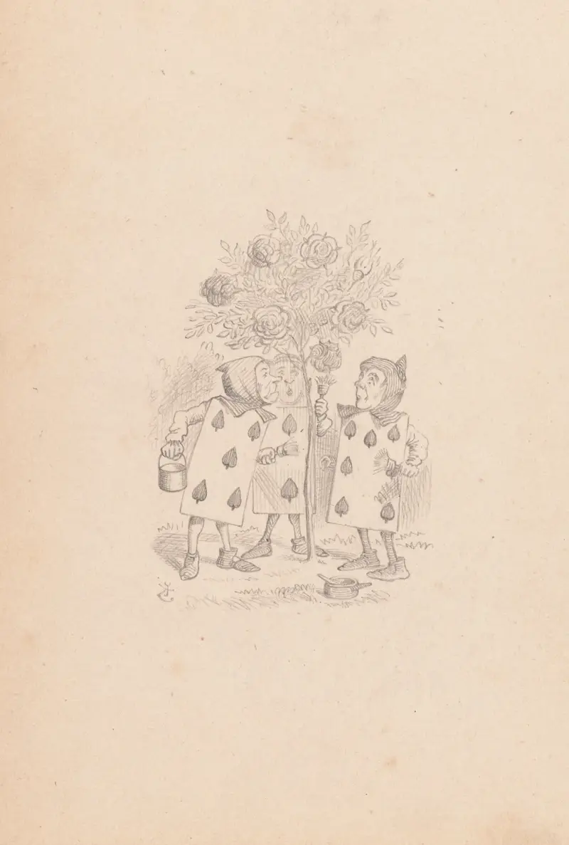 Teckning av Två, Fem och Sju som målar rosenbusken av Sir John Tenniel