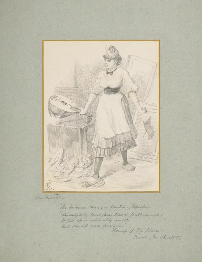 Politische Karikatur von Katarina aus Shakespeares Der Widerspenstigen Zähmung von Sir John Tenniel