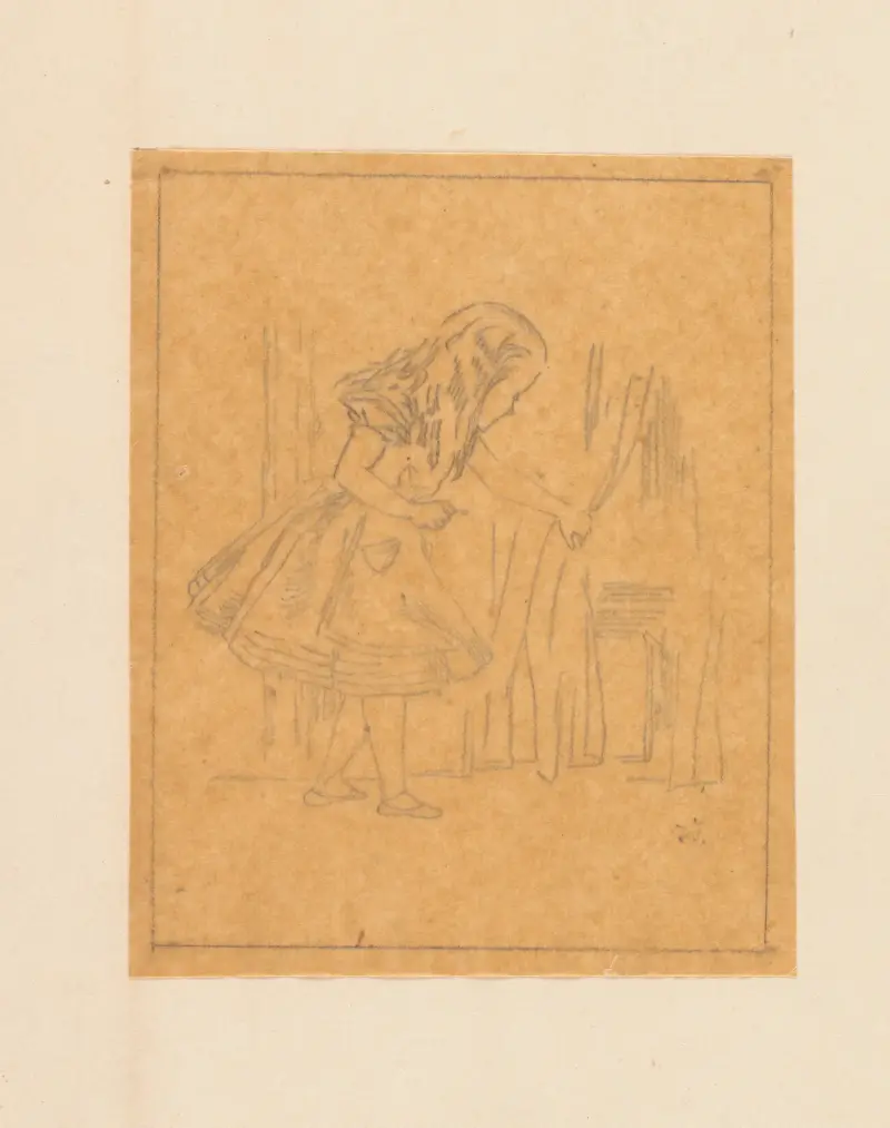 Spårteckning av Alice som letar efter dörren av Sir John Tenniel