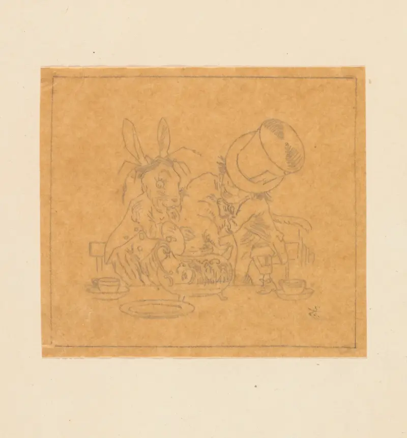 Tracing of Hatter and March Hare putting dormouse in teapot av Sir John Tenniel