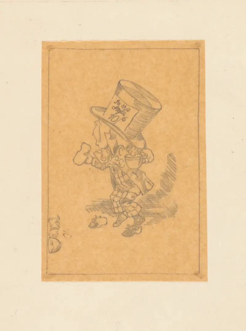 Tracing of the Mad Hatter arrives hastily in court to testify av Sir John Tenniel