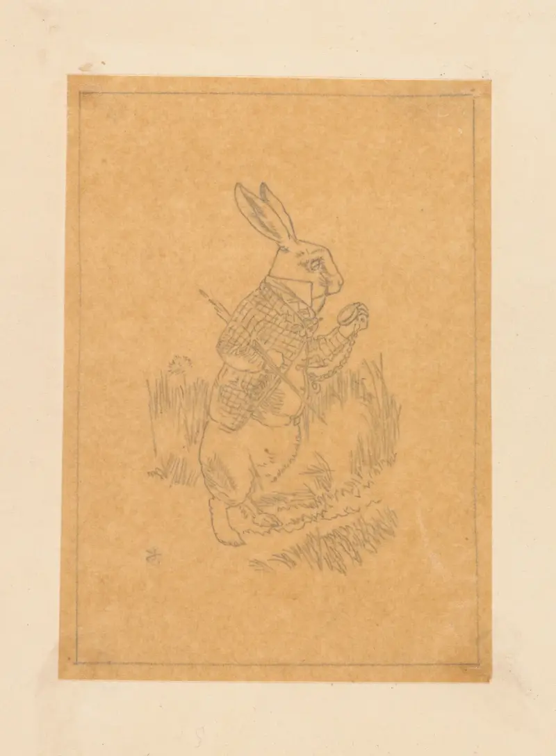 Tracing of the White Rabbit holding his watch av Sir John Tenniel