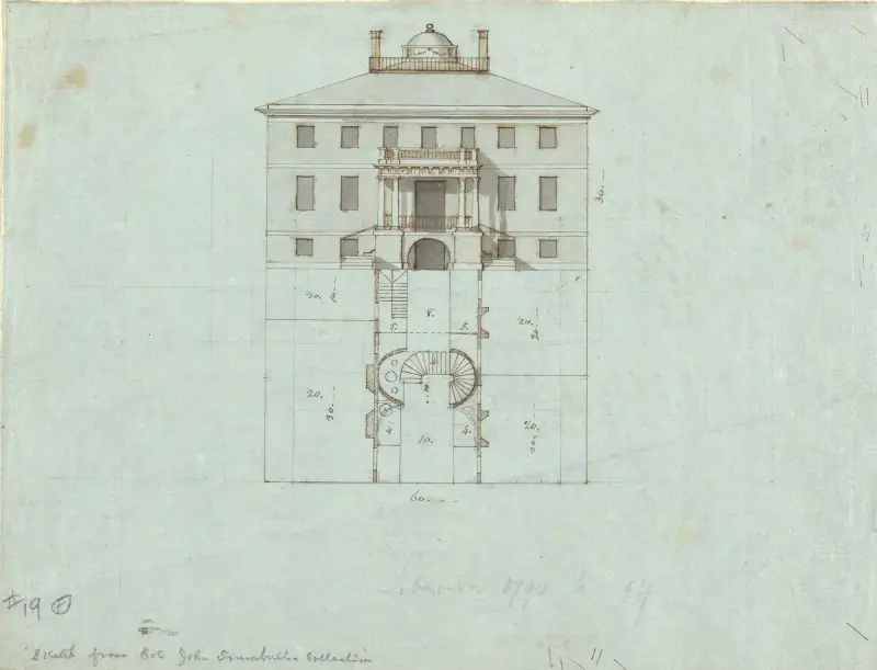 Höjning och plan för interiör av stort hus av John Trumbull