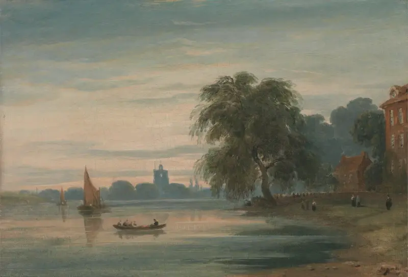 A View along the Thames towards Chelsea Old Church av John Varley