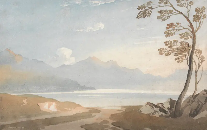 En walesisk landskapsmålning (A Welsh Landscape a Lay-in’) av John Varley