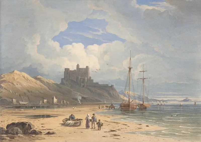 Bamborough Castle från nordost, med Holy Island i fjärran, Northumberland av John Varley