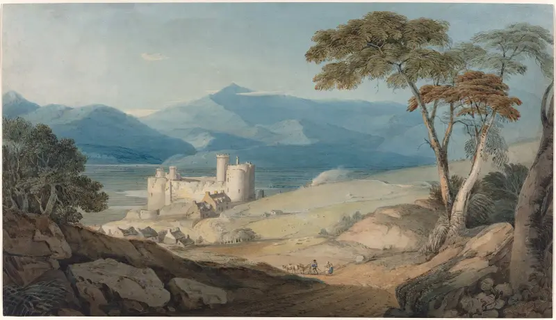 Harlech Castle and Snowdon av John Varley