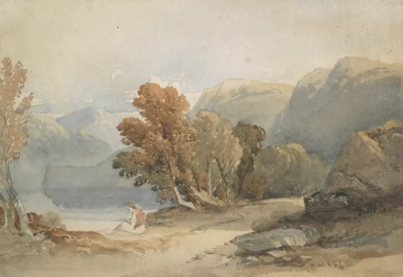 Landskap, sjö och figur av John Varley