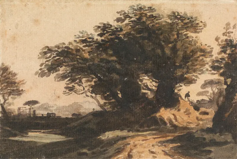 Landschaft mit einer Baumgruppe nahe einem Weg und einem Bach von John Varley