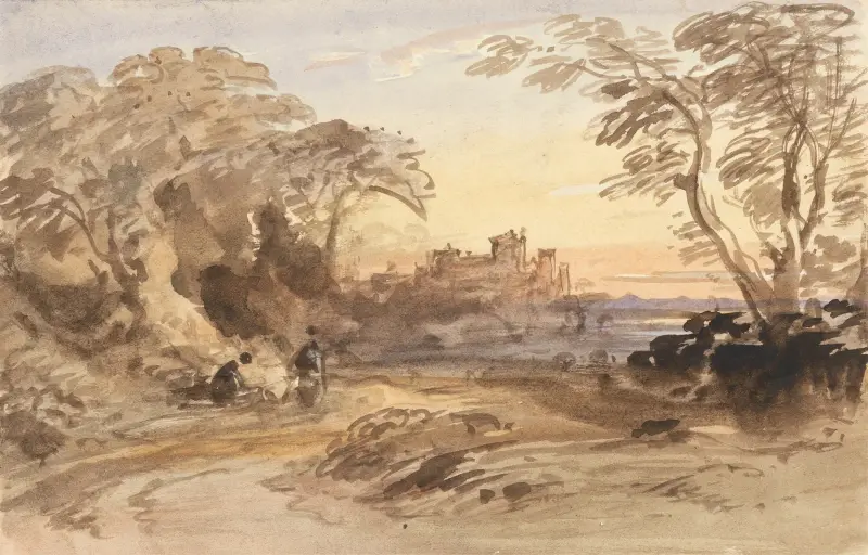 Landskap med figurer och avlägset slott av John Varley