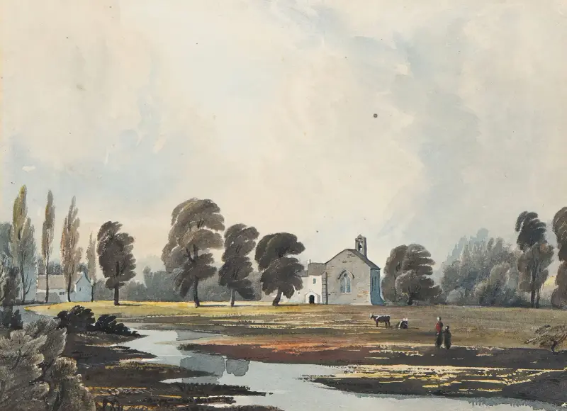 Ängslandskap med bäck och kyrka i bakgrunden av John Varley