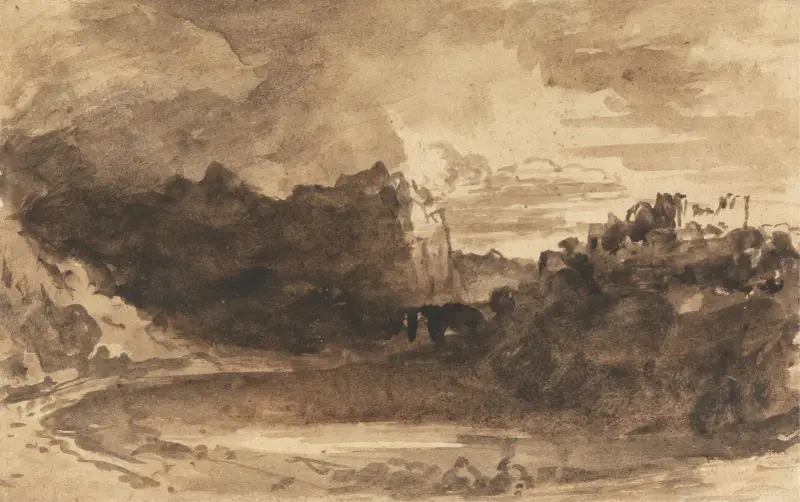Romantiskt landskap med klippor och slott av John Varley