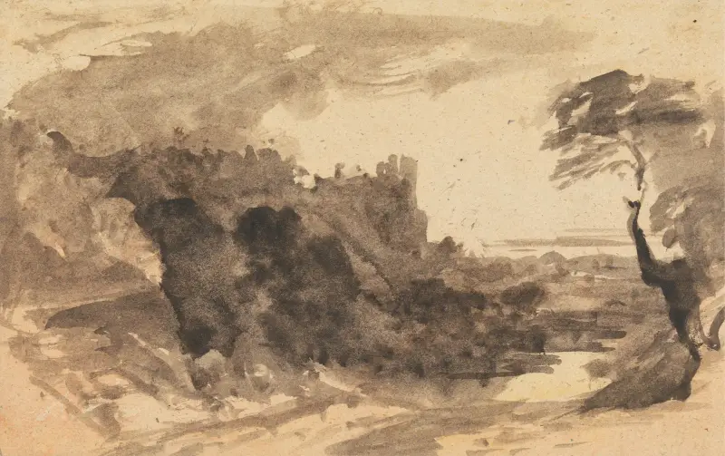 Romantiskt landskap med slott och ett träd till höger av John Varley