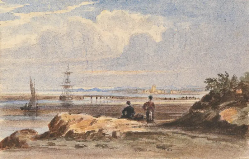 Strand med två figurer och en avlägsen stad av John Varley